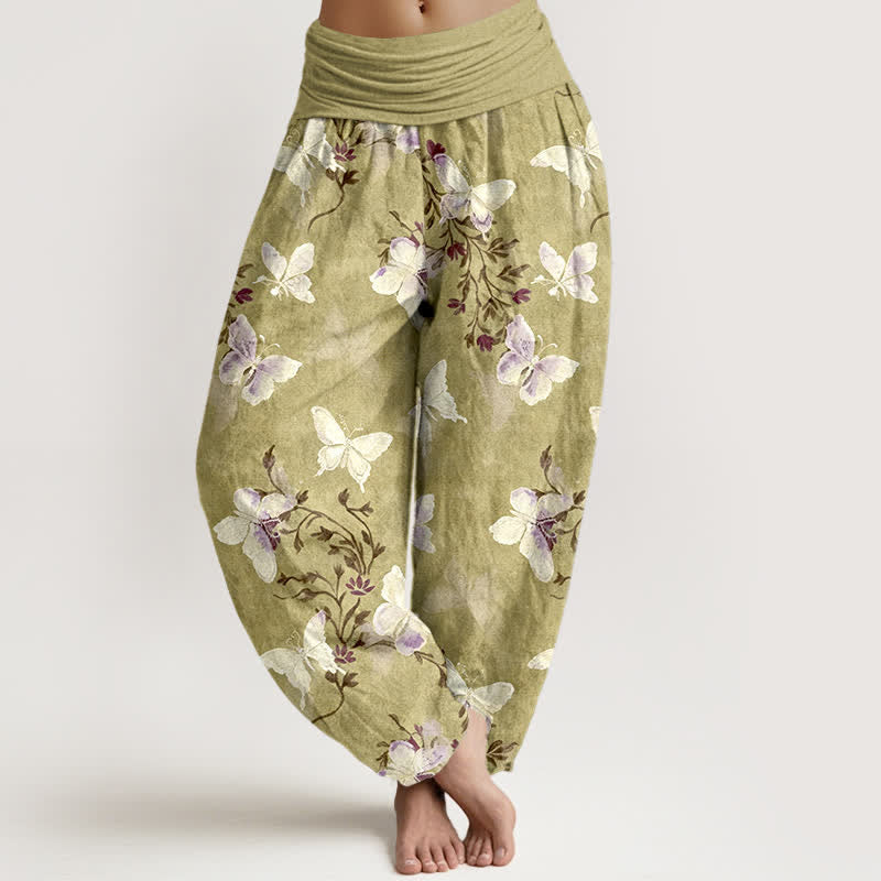 Nimara Ritual Cotton White Butterfly Floral Pattern Women's Elastic Waist Harem Pants