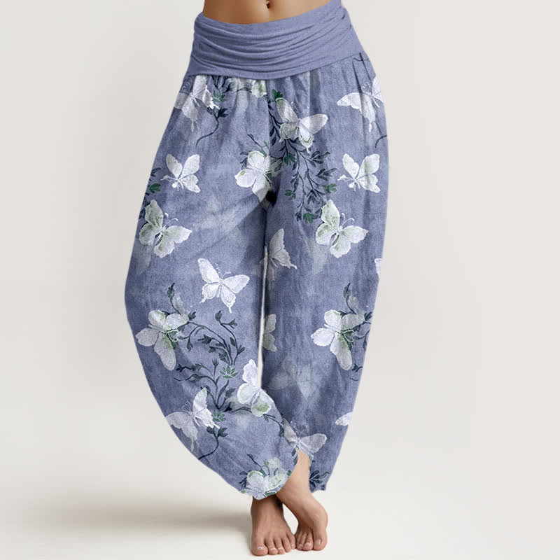 Nimara Ritual Cotton White Butterfly Floral Pattern Women's Elastic Waist Harem Pants