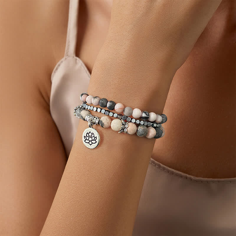New Beginning and Motivating 3Pcs Zebra Jasper Lotus Enlightenment Beaded Bracelet