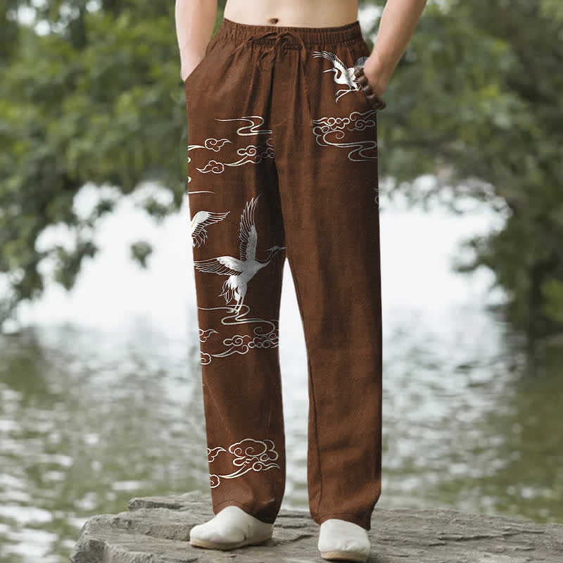 Nimara Ritual Cotton White Crane Wave Pattern Men's Tapered Pants With Pockets
