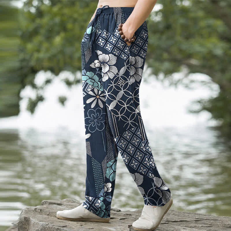 Nimara Ritual Cotton Bohemian Floral Geometric Pattern Men's Tapered Pants With Pockets