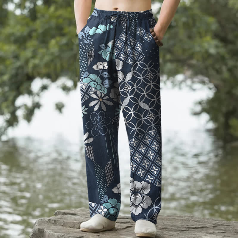 Nimara Ritual Cotton Bohemian Floral Geometric Pattern Men's Tapered Pants With Pockets