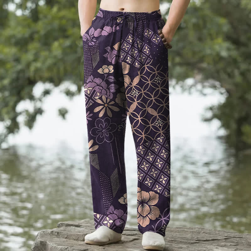 Nimara Ritual Cotton Bohemian Floral Geometric Pattern Men's Tapered Pants With Pockets