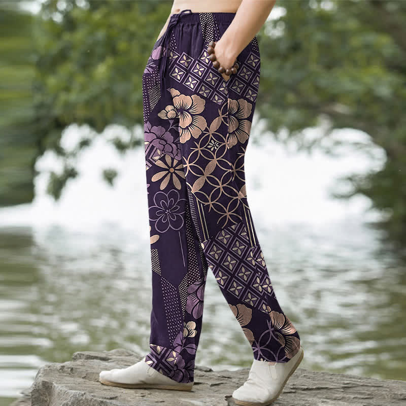Nimara Ritual Cotton Bohemian Floral Geometric Pattern Men's Tapered Pants With Pockets