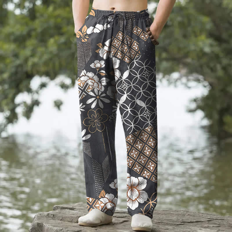 Nimara Ritual Cotton Bohemian Floral Geometric Pattern Men's Tapered Pants With Pockets