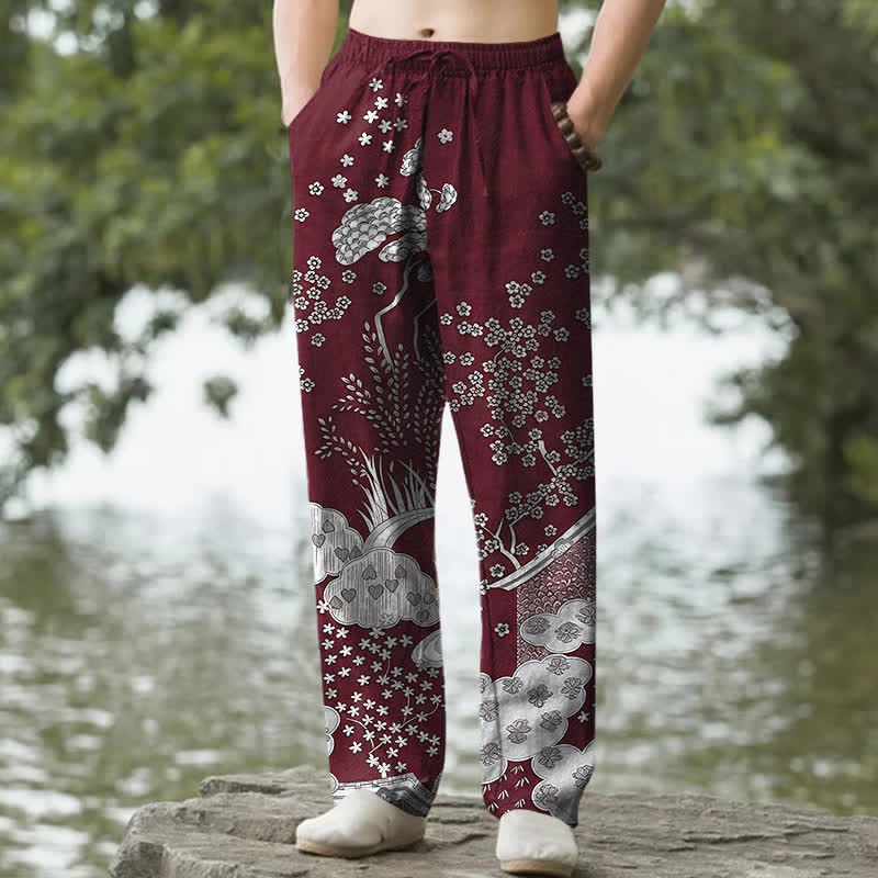 Nimara Ritual Cotton White Floral Cloud Pattern Men's Tapered Pants With Pockets