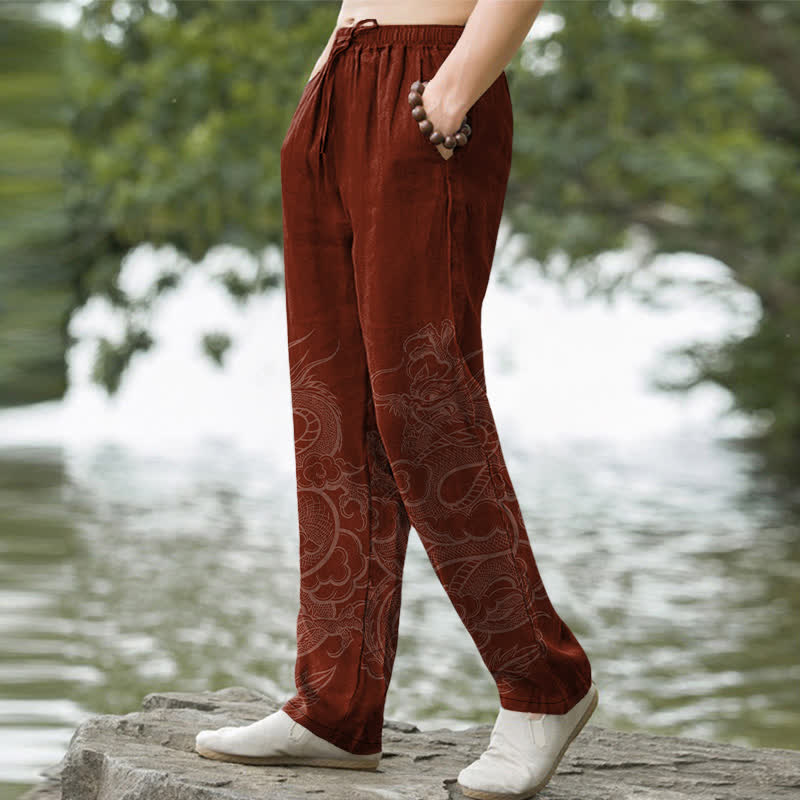 Nimara Ritual Cotton Subtle Dragon Pattern Men's Tapered Pants With Pockets