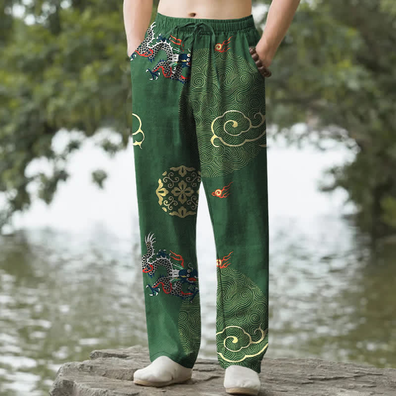 Nimara Ritual Cotton Auspicious Cloud Dragon Pattern Men's Tapered Pants With Pockets