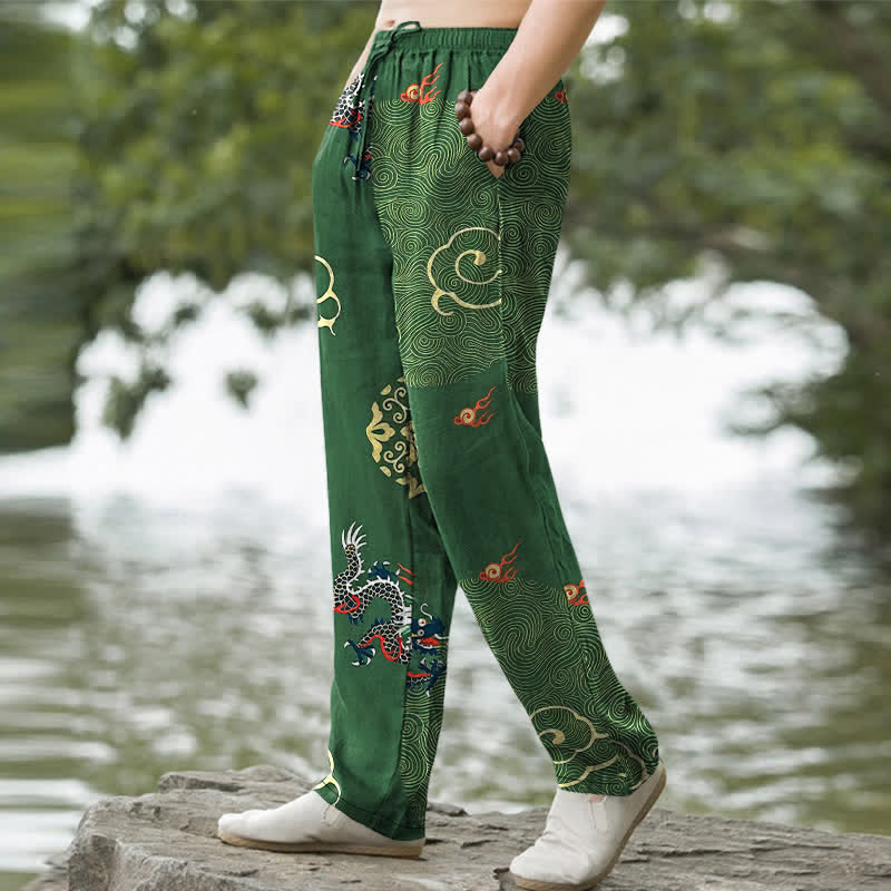 Nimara Ritual Cotton Auspicious Cloud Dragon Pattern Men's Tapered Pants With Pockets