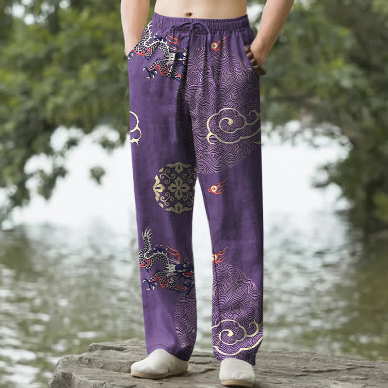 Nimara Ritual Cotton Auspicious Cloud Dragon Pattern Men's Tapered Pants With Pockets