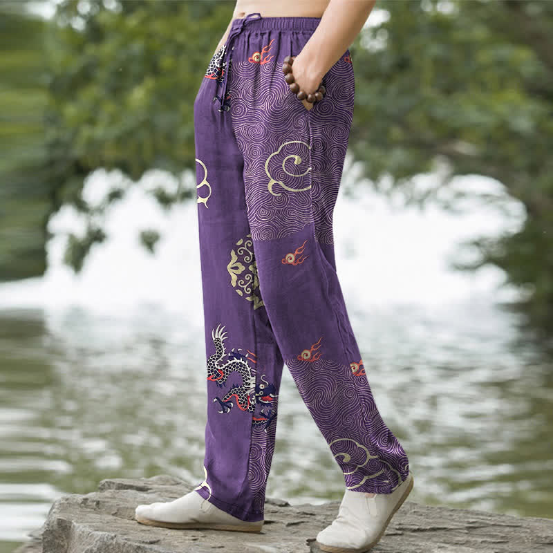 Nimara Ritual Cotton Auspicious Cloud Dragon Pattern Men's Tapered Pants With Pockets