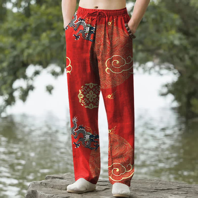 Nimara Ritual Cotton Auspicious Cloud Dragon Pattern Men's Tapered Pants With Pockets