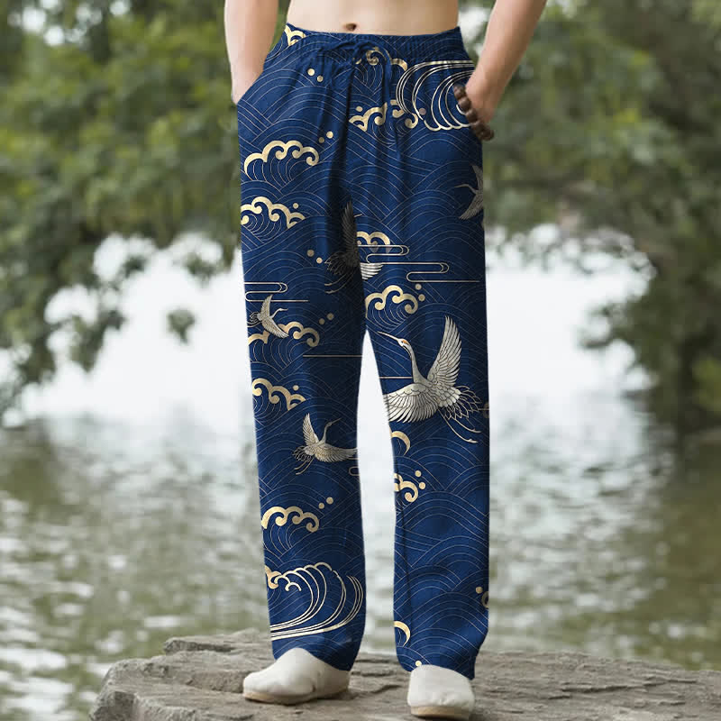 Nimara Ritual Cotton White Crane Gold Wave Pattern Men's Tapered Pants With Pockets