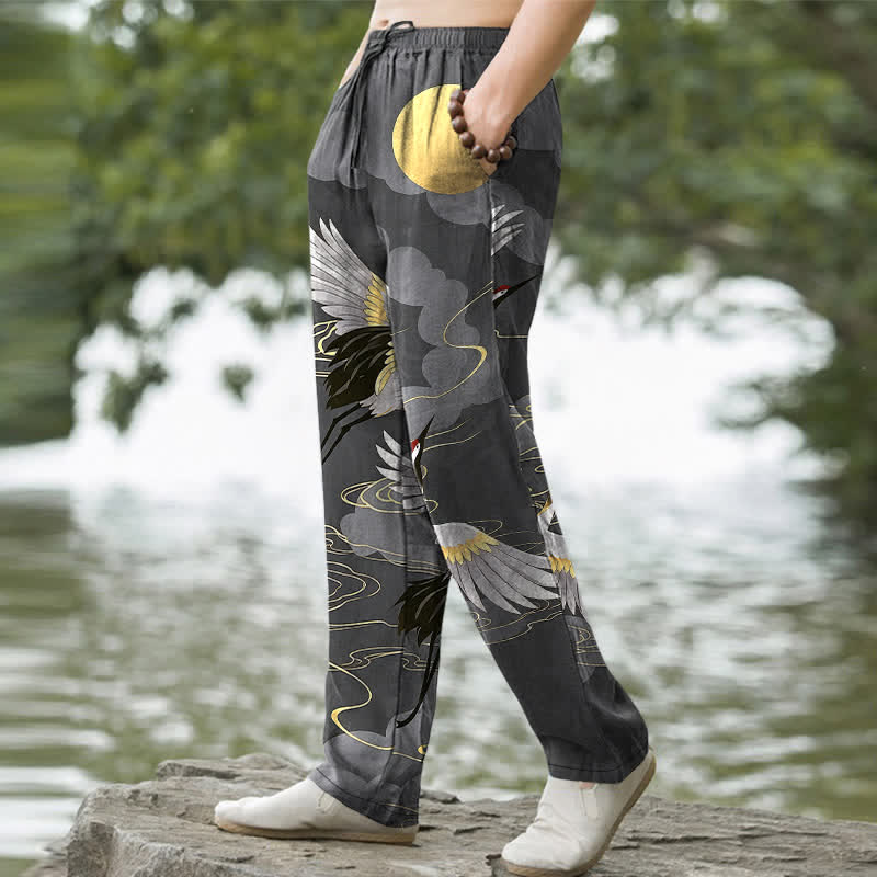 Nimara Ritual Cotton White Crane Chasing The Sun Pattern Men's Tapered Pants With Pockets