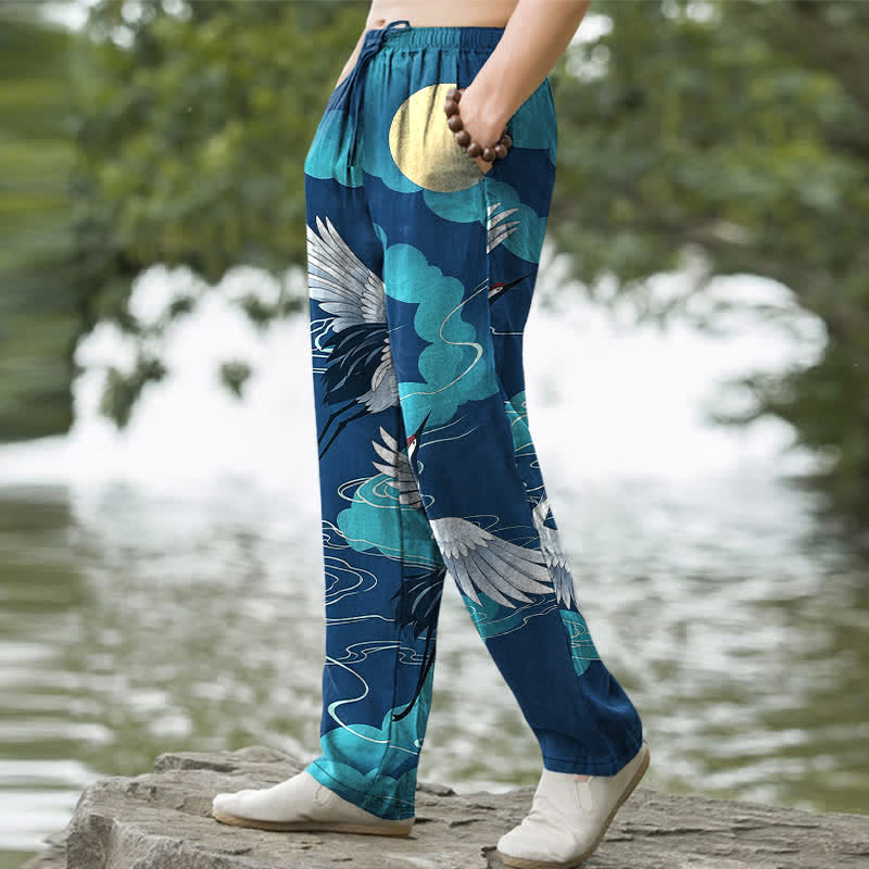 Nimara Ritual Cotton White Crane Chasing The Sun Pattern Men's Tapered Pants With Pockets