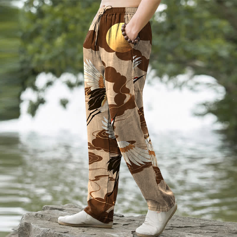 Nimara Ritual Cotton White Crane Chasing The Sun Pattern Men's Tapered Pants With Pockets