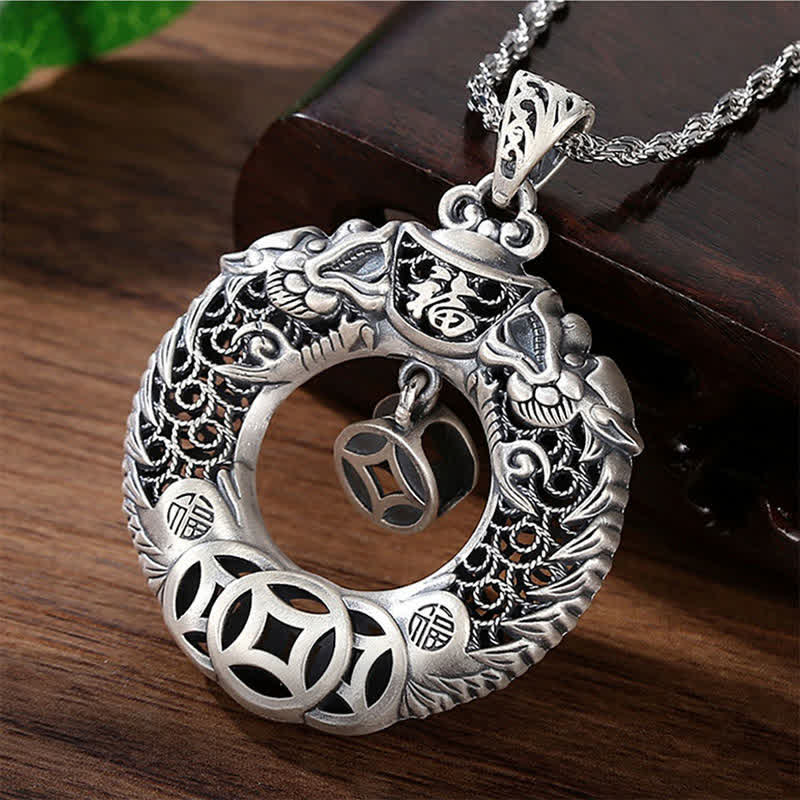 Nimara Ritual Copper Dragon Fu Character Peace Buckle Wealth Relief Carving Vintage Necklace
