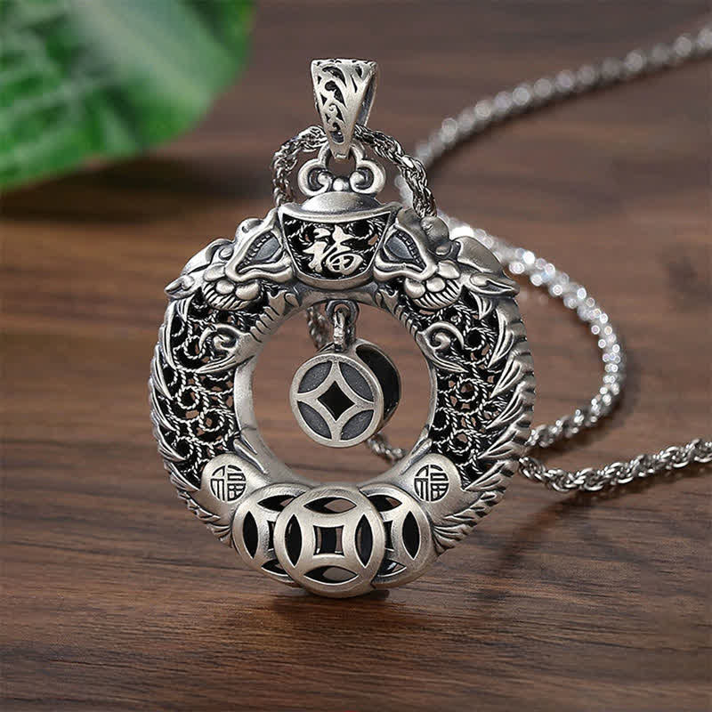 Nimara Ritual Copper Dragon Fu Character Peace Buckle Wealth Relief Carving Vintage Necklace