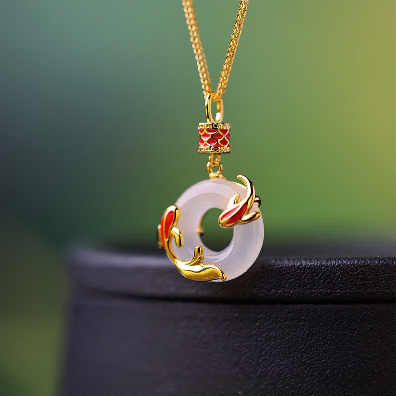 Nimara Ritual White Chalcedony Koi Fish Success Peace Buckle Round Necklace
