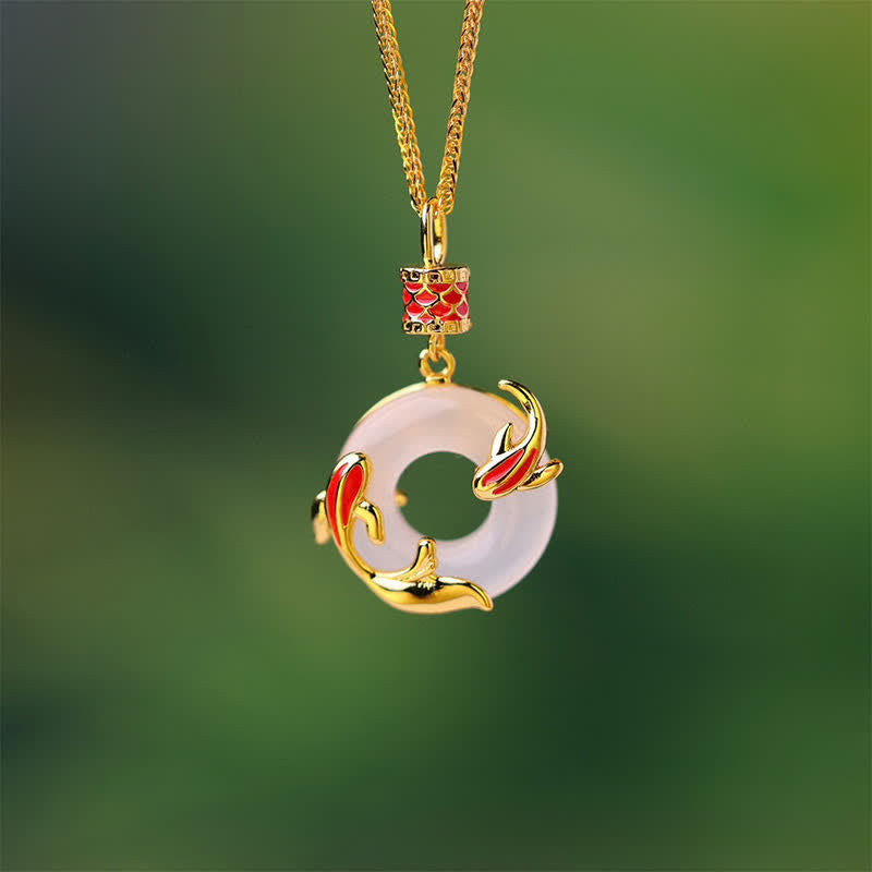 Nimara Ritual White Chalcedony Koi Fish Success Peace Buckle Round Necklace