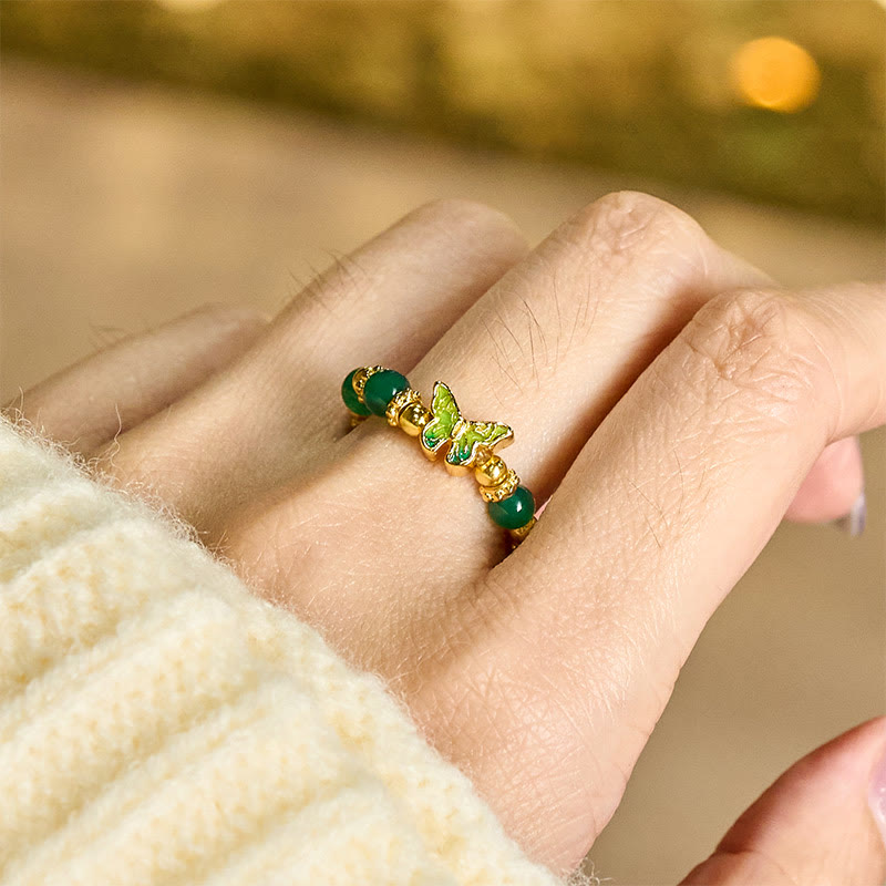 Nimara Ritual Natural Green Agate Bead Copper Butterfly Renewal Ring