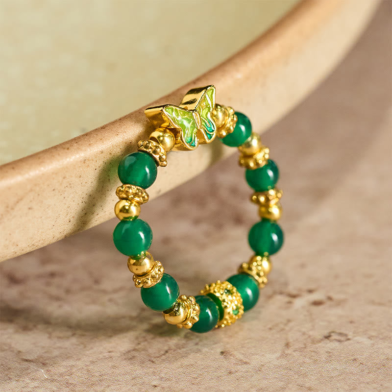 Nimara Ritual Natural Green Agate Bead Copper Butterfly Renewal Ring