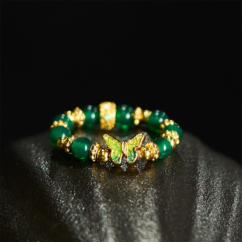 Nimara Ritual Natural Green Agate Bead Copper Butterfly Renewal Ring