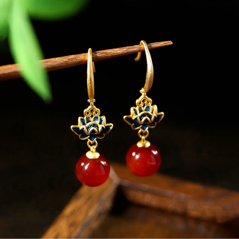 Nimara Ritual Red Agate Lotus Enamel Gold Drop Confidence Earrings