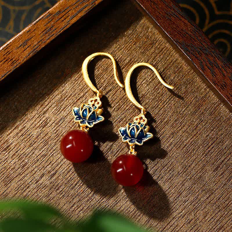 Nimara Ritual Red Agate Lotus Enamel Gold Drop Confidence Earrings
