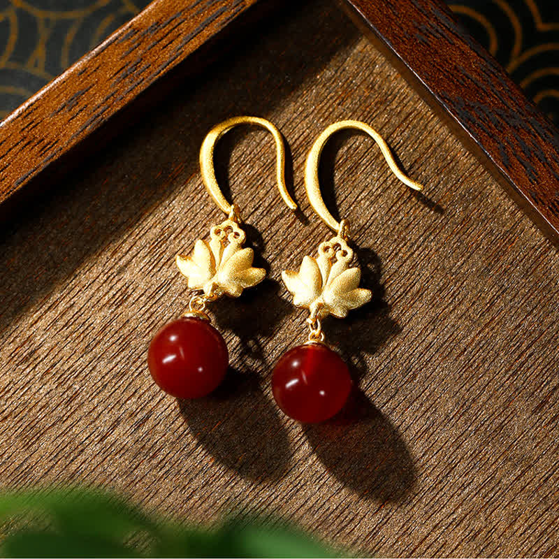 Nimara Ritual Red Agate Lotus Enamel Gold Drop Confidence Earrings