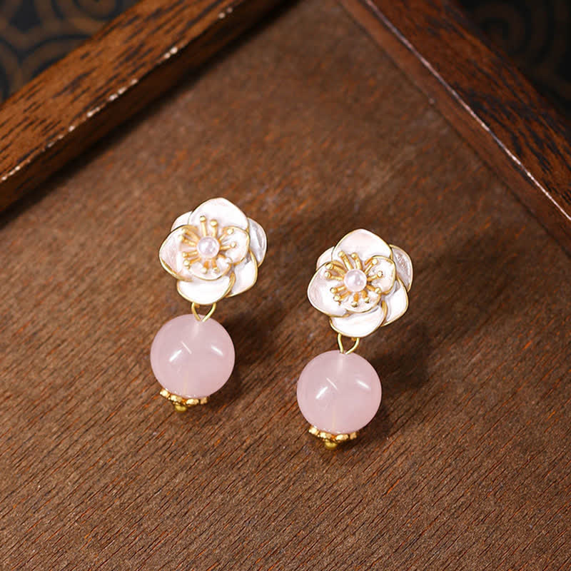 Nimara Ritual Rose Quartz Camellia Loving Energy Drop Earrings