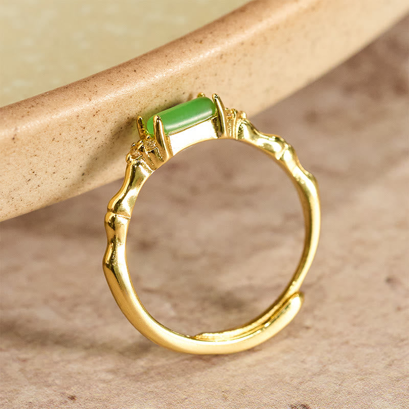 Nimara Ritual Natural Green Agate Square Bamboo Copper Adjustable Ring
