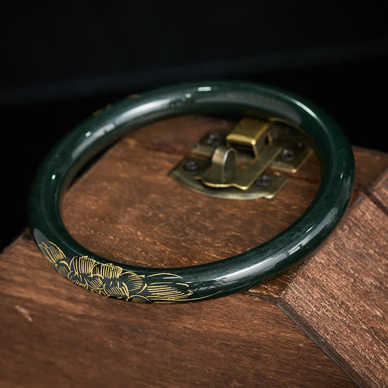 Nimara Ritual Natural Cyan Jade Lotus Koi Fish Enlightenment Bangle Bracelet