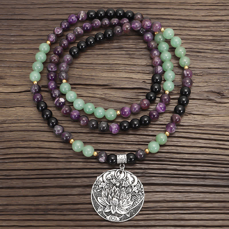 Nimara Ritual 108 Mala Beads Amethyst Green Aventurine Lotus Meditation Bracelet