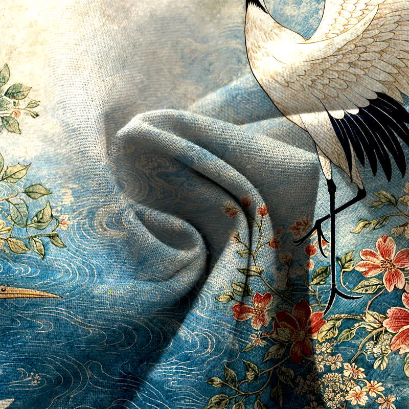 Nimara Ritual Cotton Linen Crane Floral Pattern Women's Elastic Waist Wide Leg Pants With Pockets