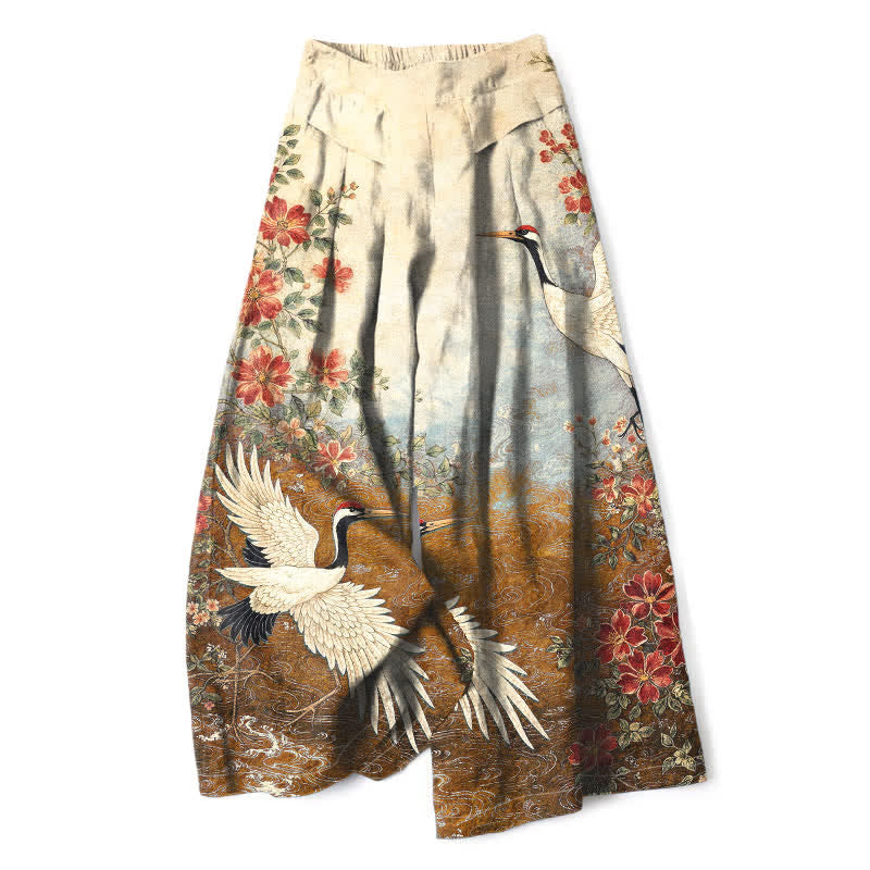 Nimara Ritual Cotton Linen Crane Floral Pattern Women's Elastic Waist Wide Leg Pants With Pockets