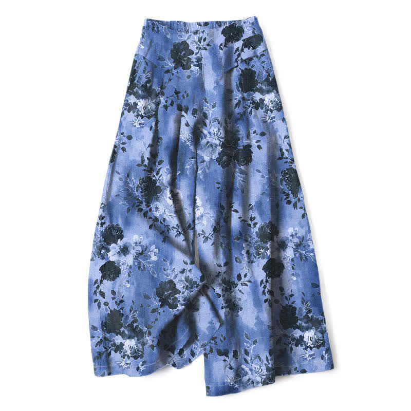 Nimara Ritual Cotton Linen Floral Pattern Women's Elastic Waist Wide Leg Pants With Pockets