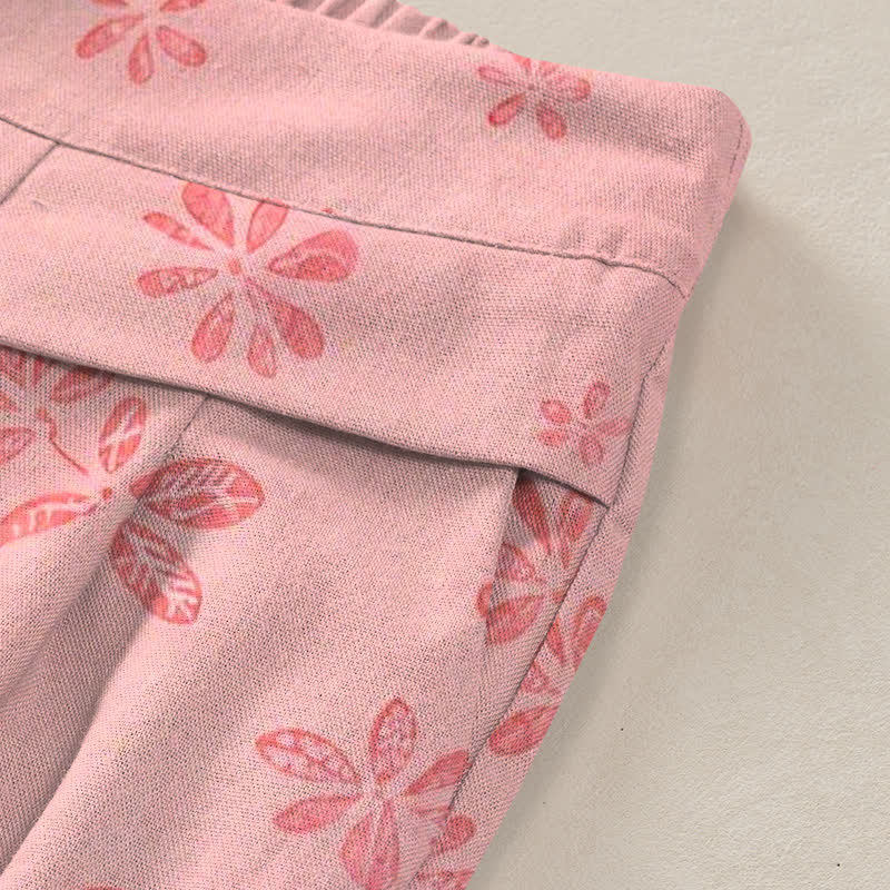 Nimara Ritual Cotton Linen Romantic Floral Pattern Women's Elastic Waist Wide Leg Pants With Pockets