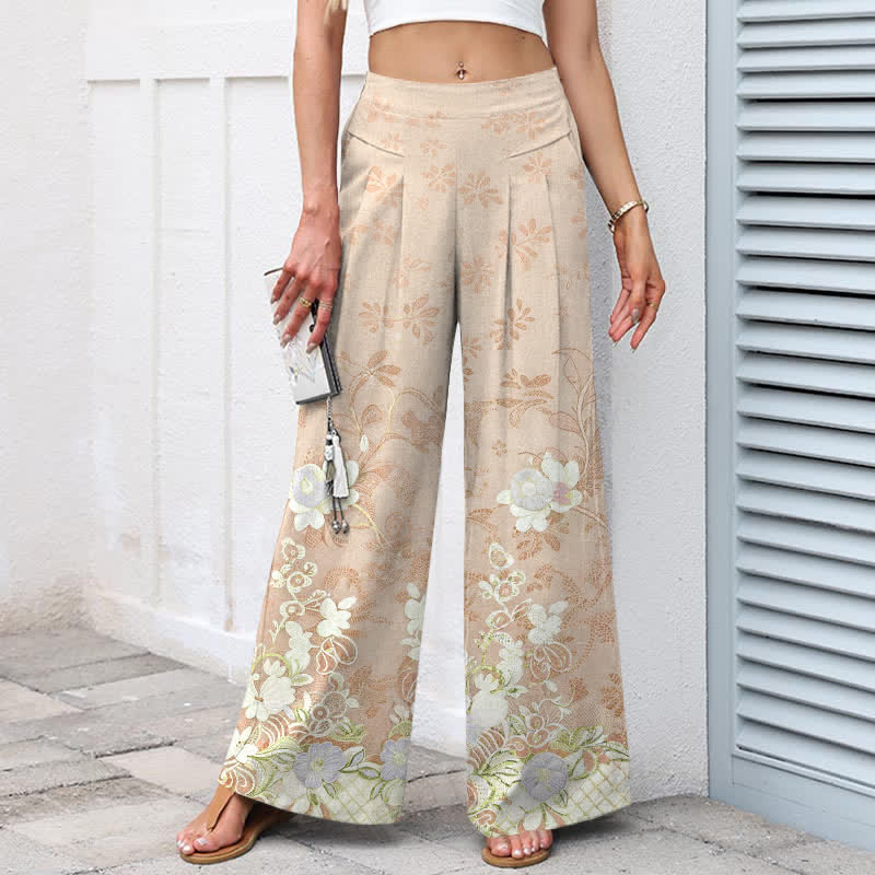 Nimara Ritual Cotton Linen Romantic Floral Pattern Women's Elastic Waist Wide Leg Pants With Pockets