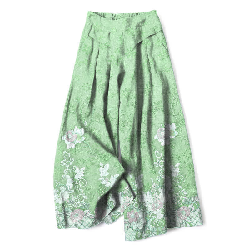 Nimara Ritual Cotton Linen Romantic Floral Pattern Women's Elastic Waist Wide Leg Pants With Pockets