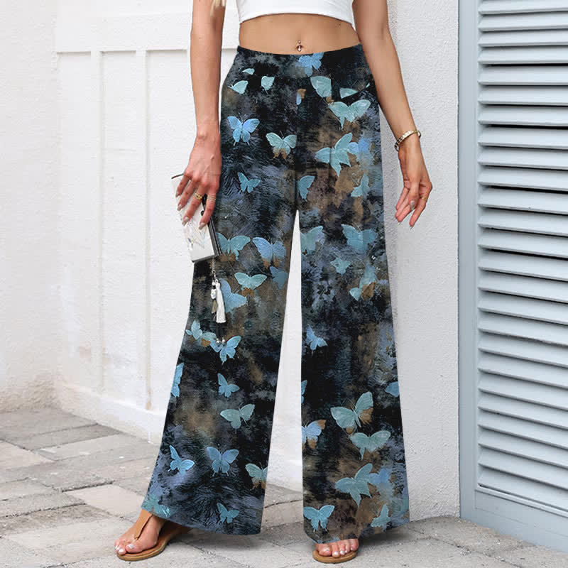 Nimara Ritual Cotton Linen Butterfly Pattern Women's Elastic Waist Wide Leg Pants With Pockets