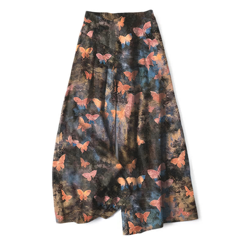 Nimara Ritual Cotton Linen Butterfly Pattern Women's Elastic Waist Wide Leg Pants With Pockets