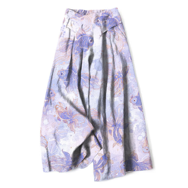 Nimara Ritual Cotton Linen Koi Fish Floral Pattern Women's Elastic Waist Wide Leg Pants With Pockets