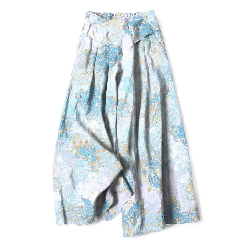 Nimara Ritual Cotton Linen Koi Fish Floral Pattern Women's Elastic Waist Wide Leg Pants With Pockets