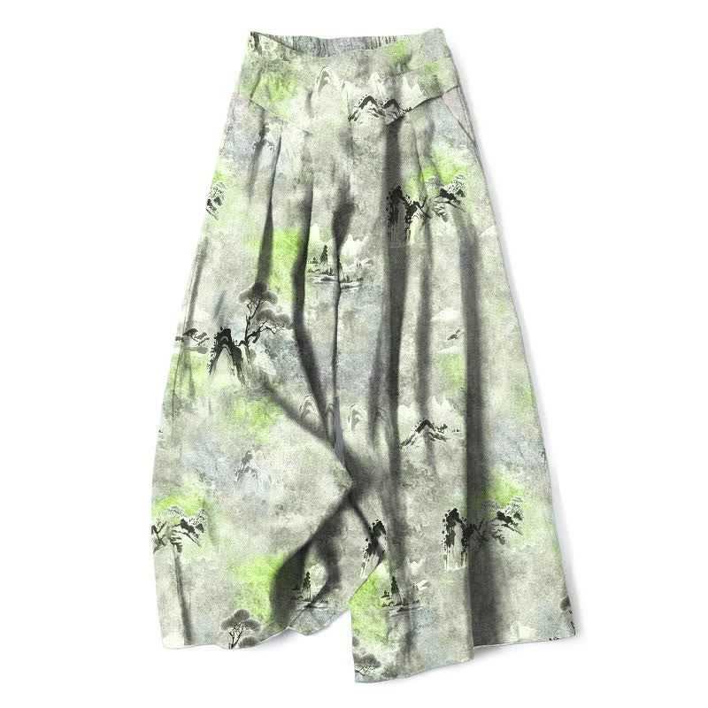 Nimara Ritual Cotton Linen Ink Wash Pattern Women's Elastic Waist Wide Leg Pants With Pockets