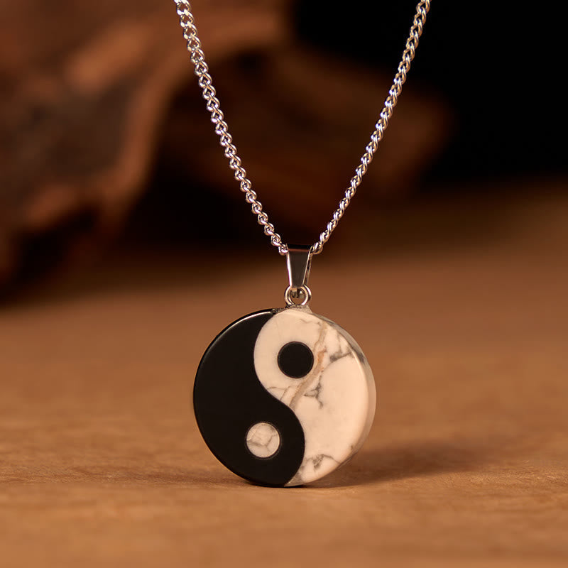 Strength and Fulfillment Natural Black Obsidian White Turquoise Yin Yang Tai Chi Necklace