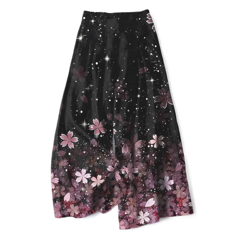 Nimara Ritual Cotton Linen Black Sakura Pattern Women's Elastic Waist Wide Leg Pants With Pockets