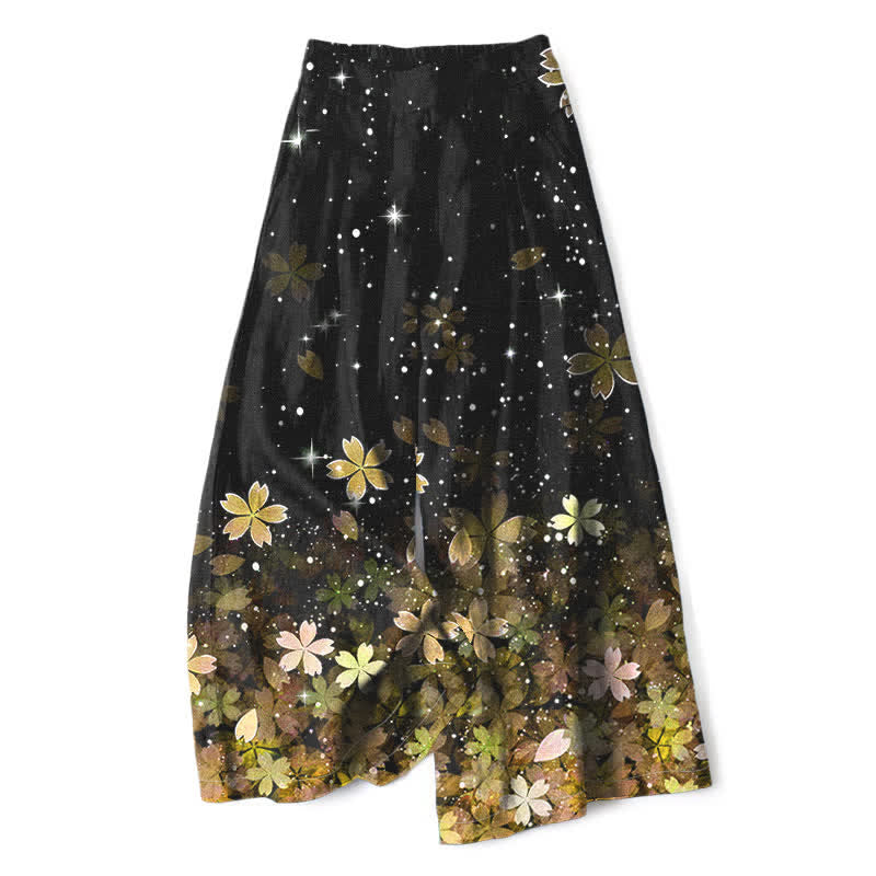 Nimara Ritual Cotton Linen Black Sakura Pattern Women's Elastic Waist Wide Leg Pants With Pockets