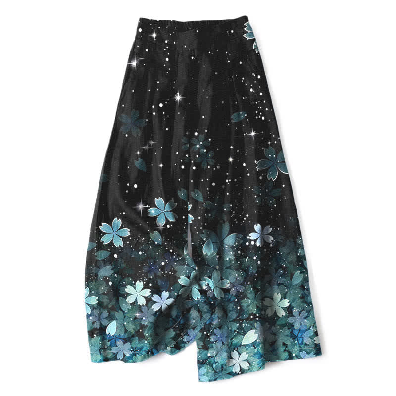 Nimara Ritual Cotton Linen Black Sakura Pattern Women's Elastic Waist Wide Leg Pants With Pockets