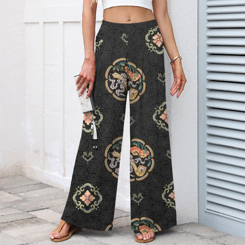 Nimara Ritual Cotton Linen Bohemian Medallion Pattern Women's Elastic Waist Wide Leg Pants With Pockets
